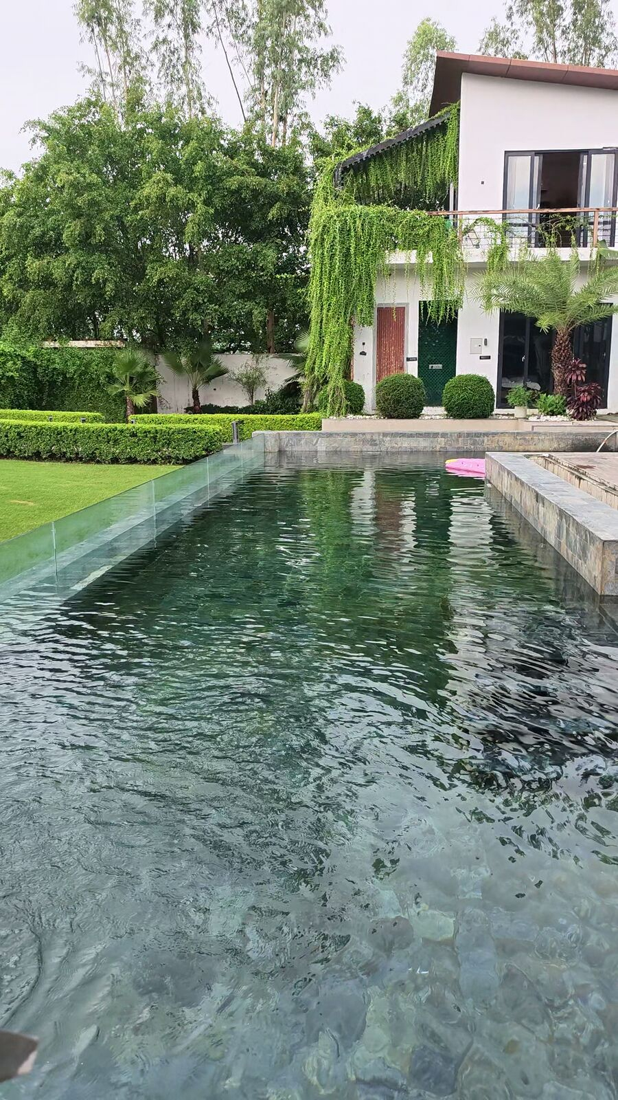 Pool water meeting the villa draped in hanging greenery